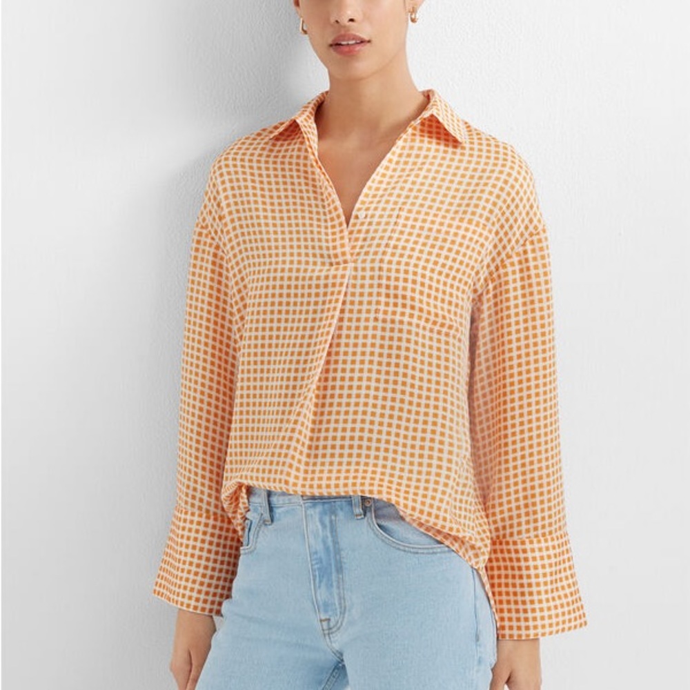 Club Monaco Size XS New Gingham Popover Pocket Shirt plaid orange white blouse